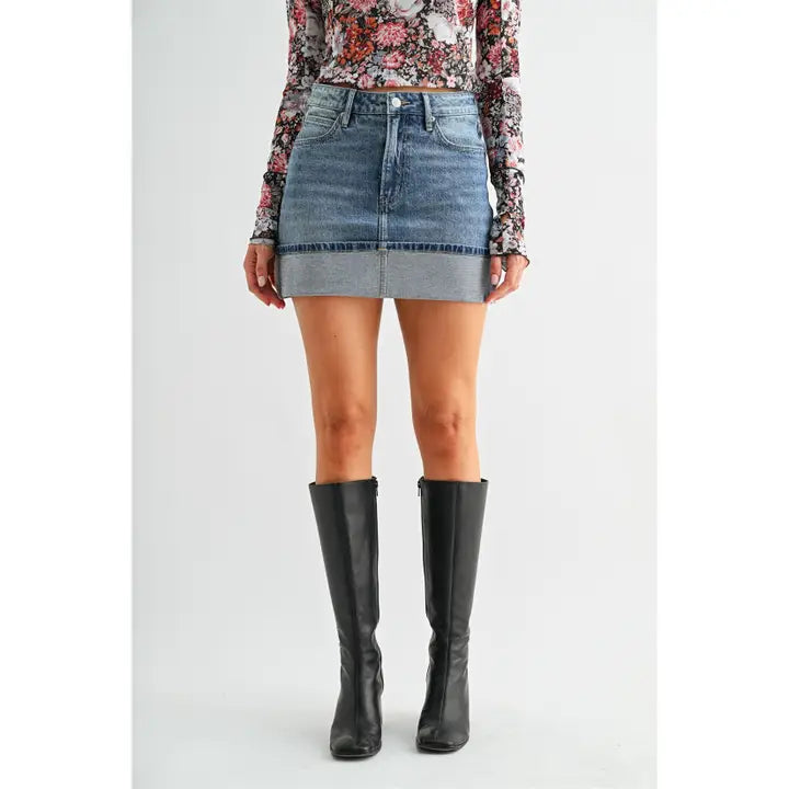 Mica Denim - High-Rise Cuffed Mini Skirt