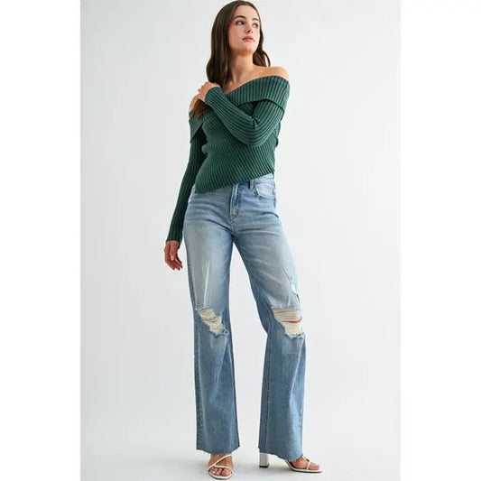 Mica Denim - High-Rise Wide Leg Distressed Knee Raw Hem