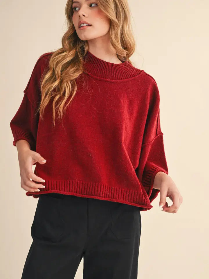 &MERCI - Marled Knit Mock Neck Short Sleeve Sweater