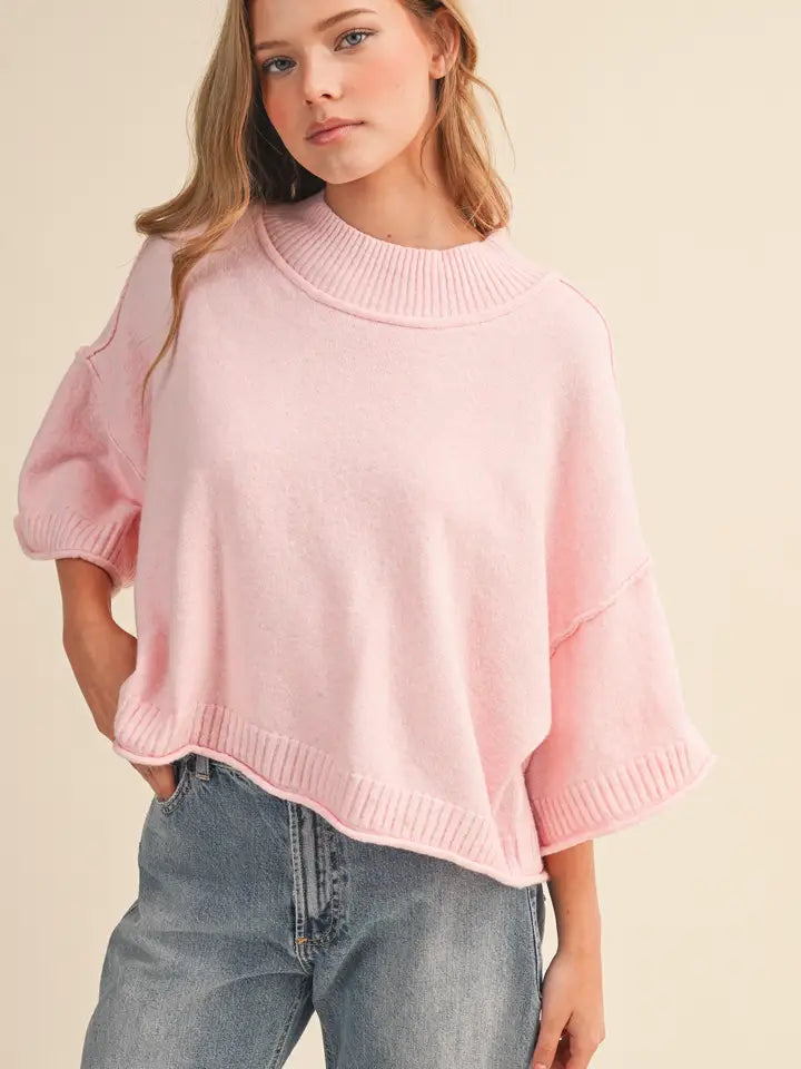 &MERCI - Marled Knit Mock Neck Short Sleeve Sweater