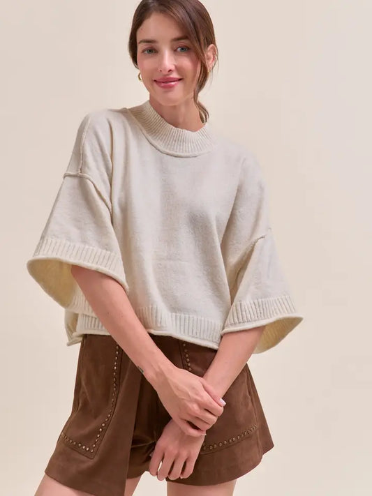 &MERCI - Marled Knit Mock Neck Short Sleeve Sweater