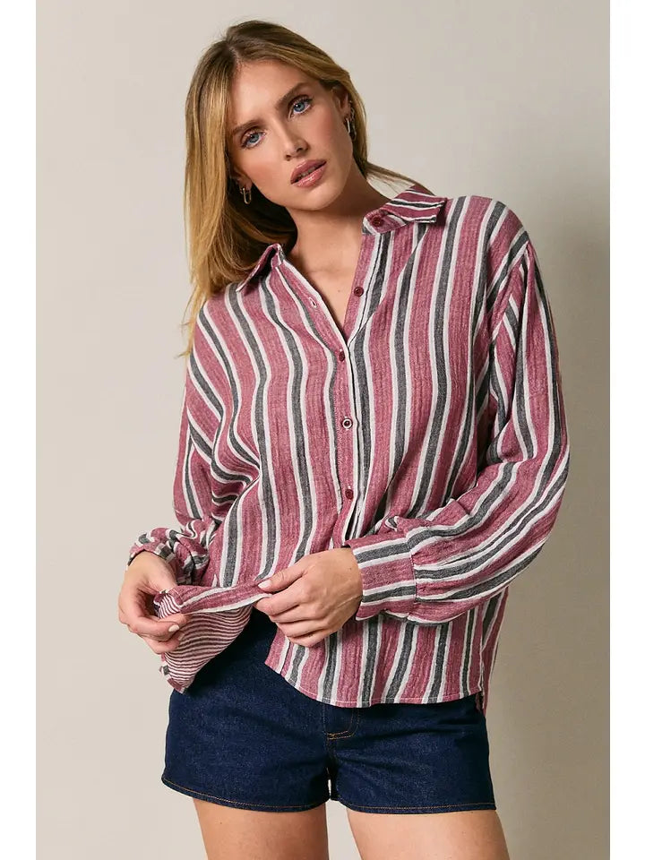 Sunday Edition by LE LIS - Dolman Long Sleeve Button Down Striped Shirt
