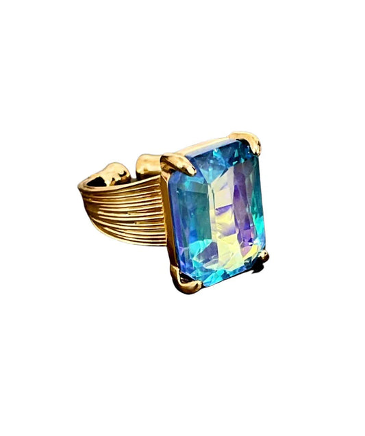 Iridescent blue rectangle rhinestone adjustable ring