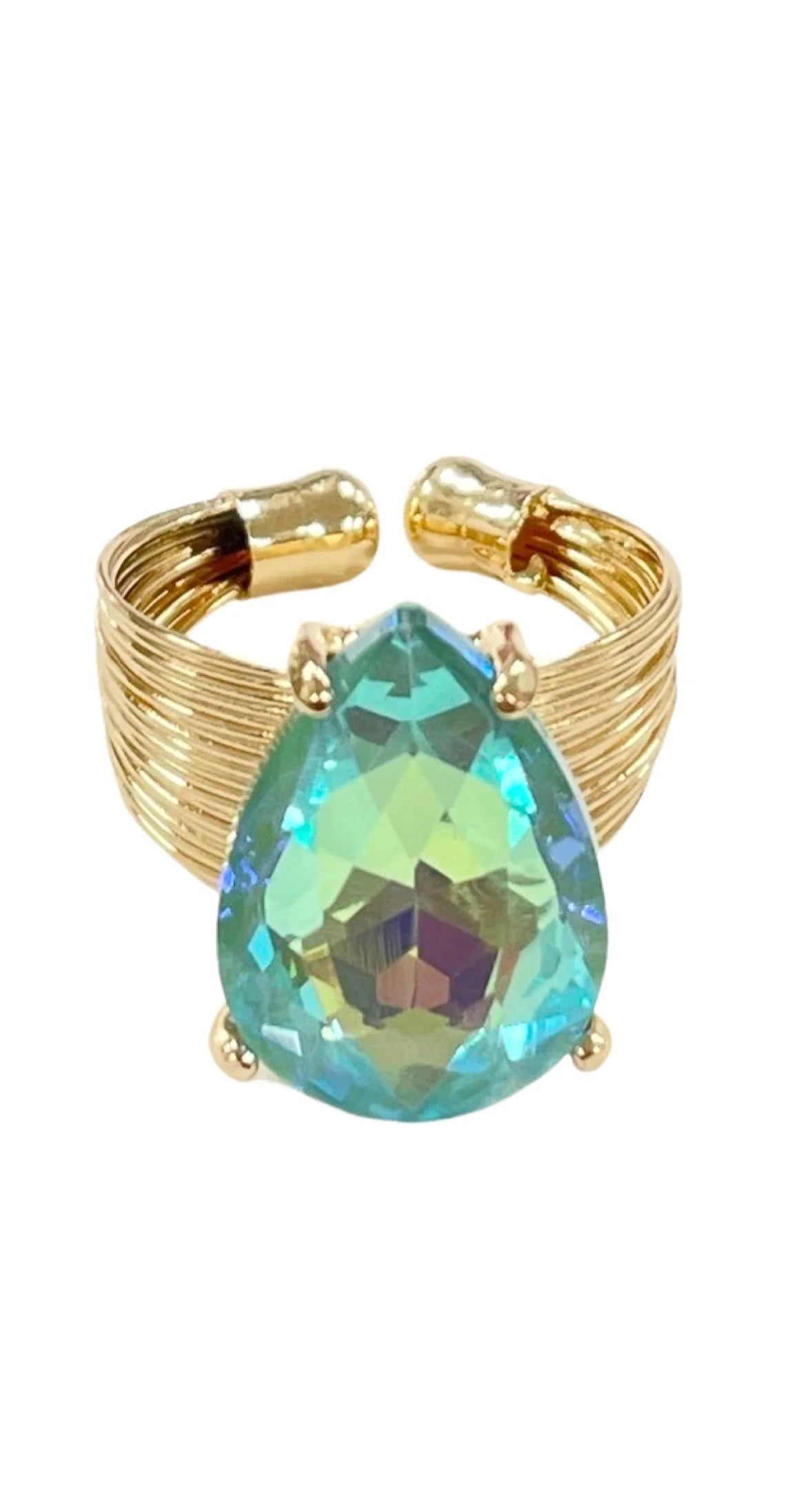 Iridescent mint green teardrop rhinestone ring