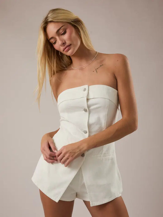 LE LIS - Strapless White Denim Romper