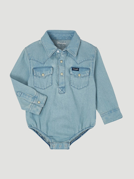 Long Sleeve Denim Bodysuit with Western Snap Placket