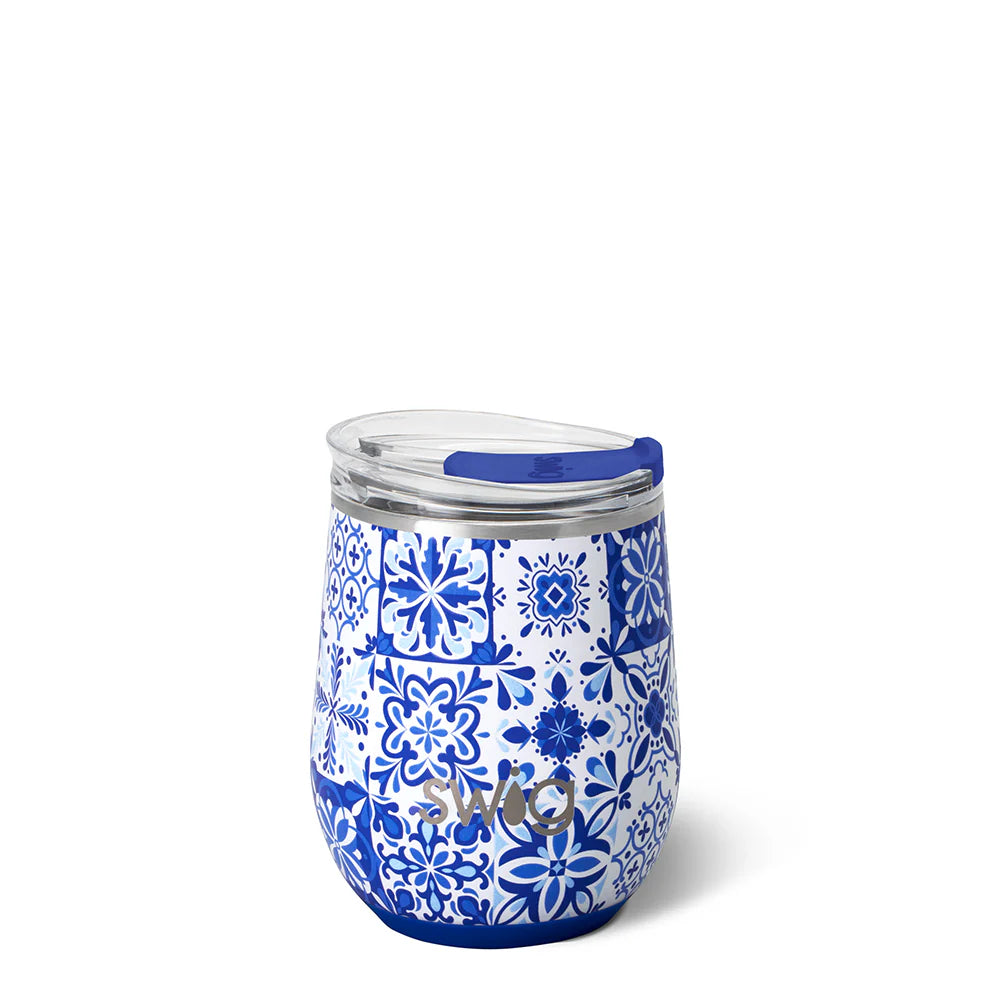 Swig - Indigo Tiles - Stemless Wine Cup - 12oz