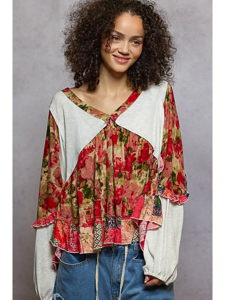 Pol Clothing - Patchwork Ruffle Top