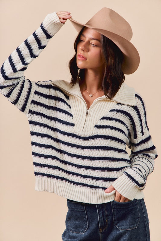 So Me - Cable Knit Textured Stripe Zip Up Neck Sweater Top
