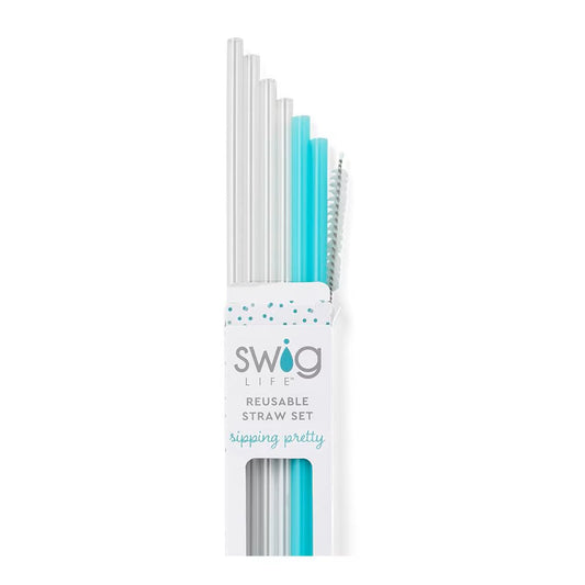 Swig - Clear + Aqua Reusable Straw Tall Set