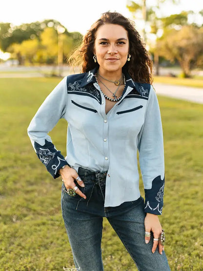 LUCKY & BLESSED - Blue Suede EmbroideryPearl Snap