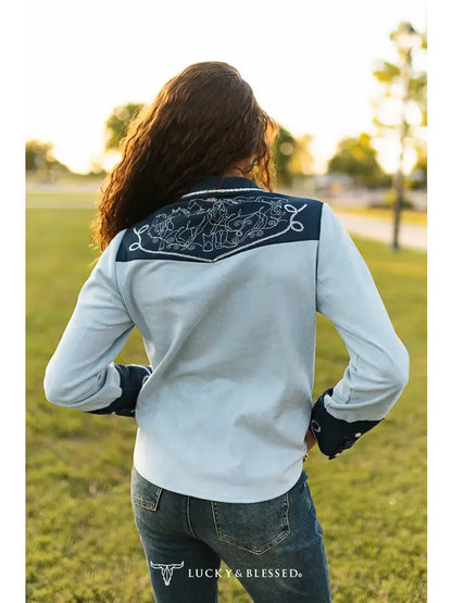 LUCKY & BLESSED - Blue Suede EmbroideryPearl Snap