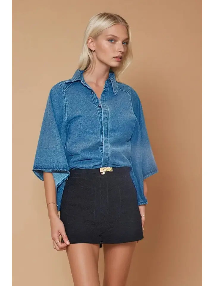 WISTERIA LANE - Trumpet Sleeved Denim Blouse