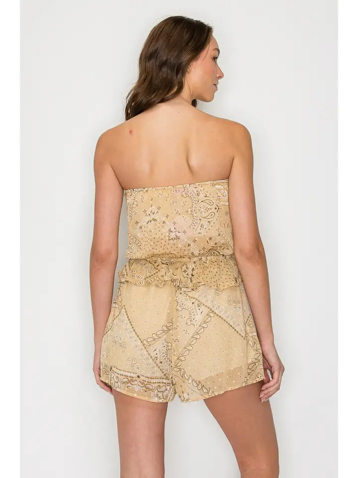 WISTERIA LANE - Bandana Print Halter Tube Romper - Taupe