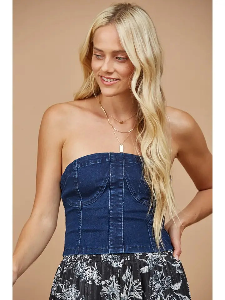 WISTERIA LANE - Bustier Cropped Denim Top - Dark Denim