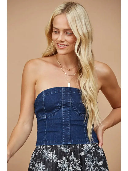 WISTERIA LANE - Bustier Cropped Denim Top - Dark Denim