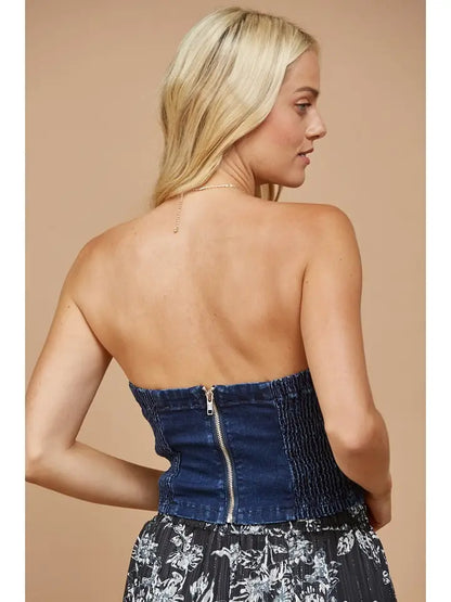WISTERIA LANE - Bustier Cropped Denim Top - Dark Denim