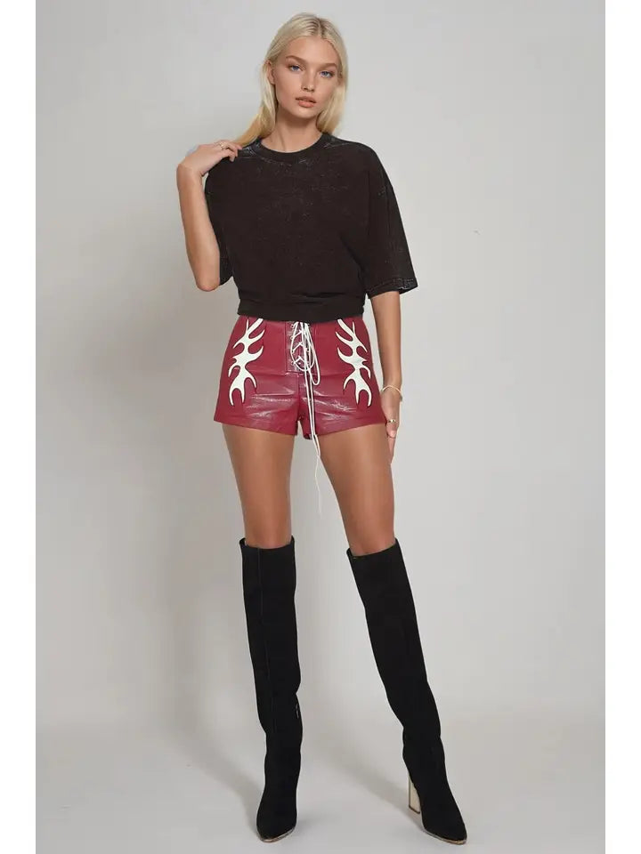 WISTERIA LANE - Vegan Leather Lightning Cut Out Shorts - Red