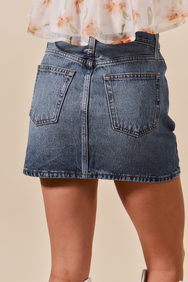 Washed Denim Mini Skirt With Pockets