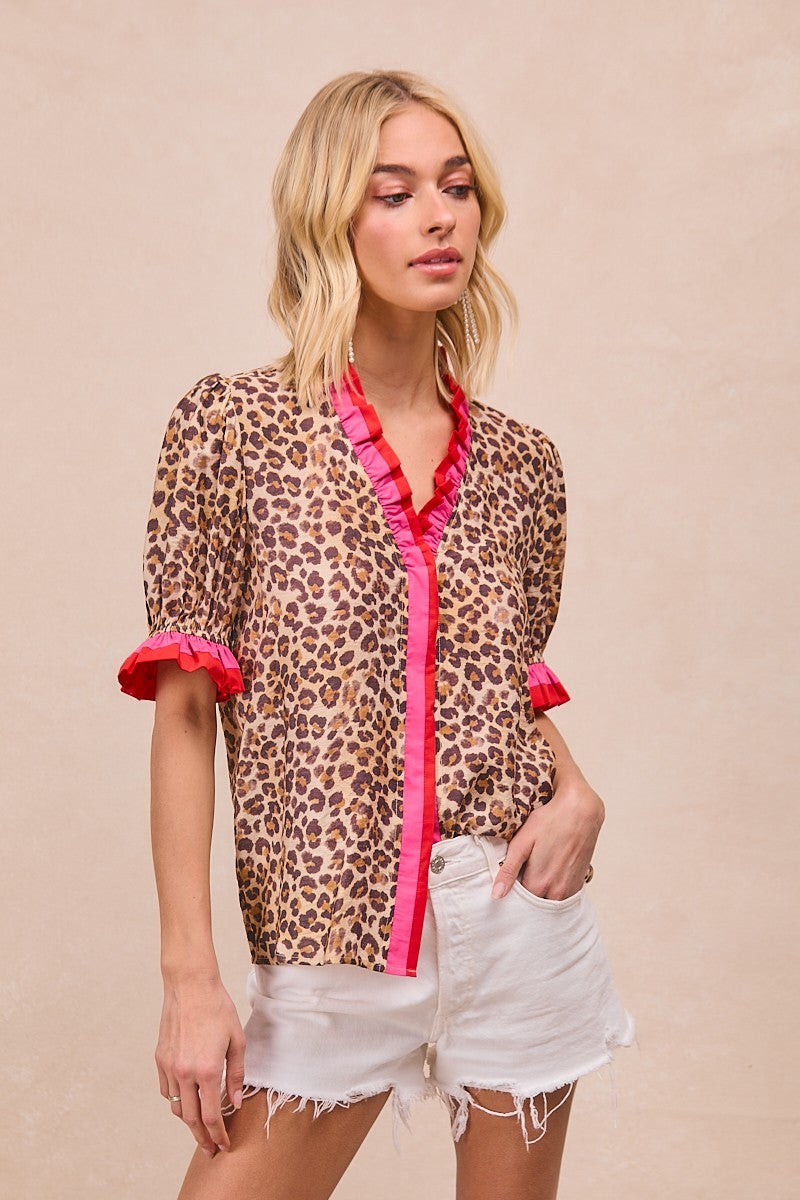 Leopard Printed Woven Contrast Edge Ruffled Blouse