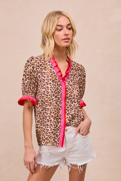 Leopard Printed Woven Contrast Edge Ruffled Blouse
