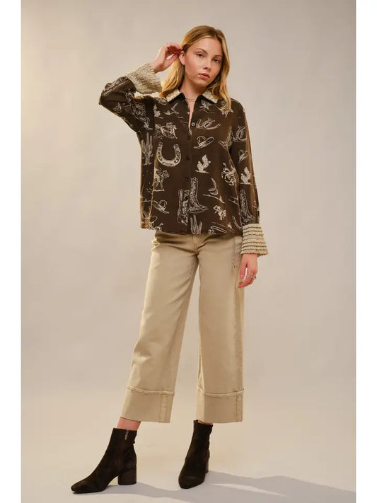 Western Printed Ruffle Cuff Shirt