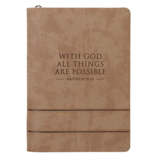 Christian Art Gifts - Journal Classic Zip Taupe All Things Are Possible Matt 19:26