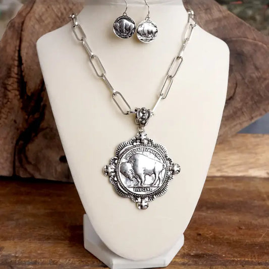 Western Buffalo Coin Statement Necklace Set