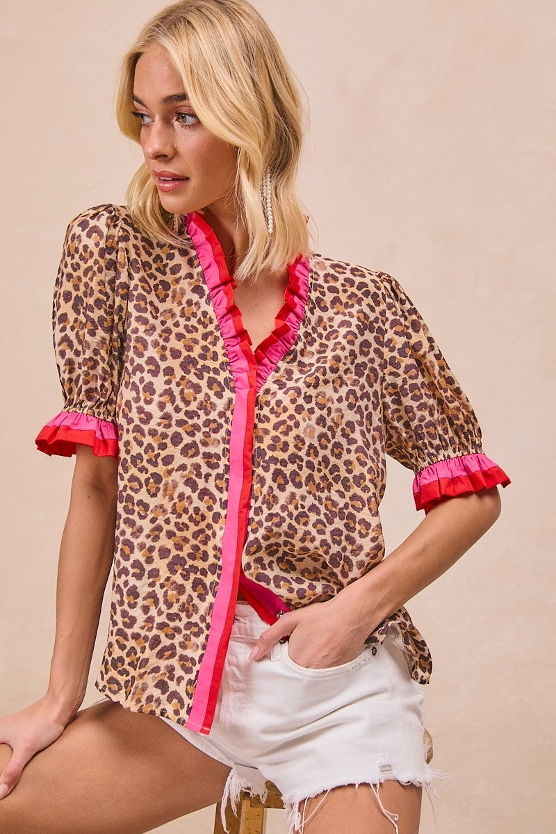 Leopard Printed Woven Contrast Edge Ruffled Blouse