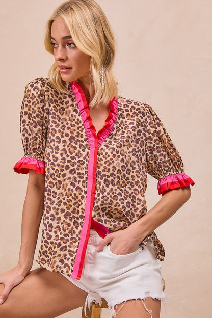 Leopard Printed Woven Contrast Edge Ruffled Blouse