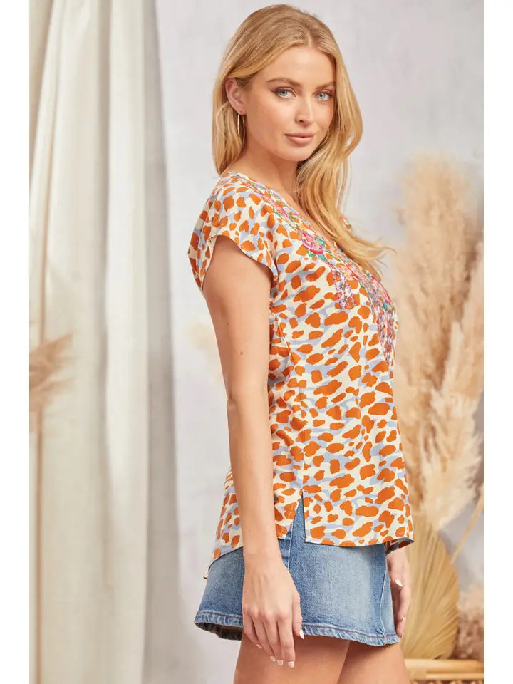 V Neck Short Sleeve Embroidered Top