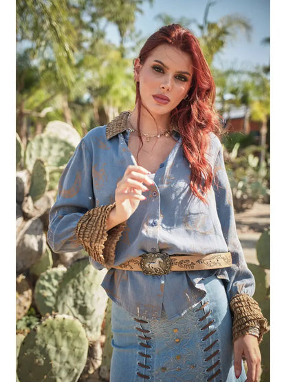 Western Printed Ruffle Cuff Shirt