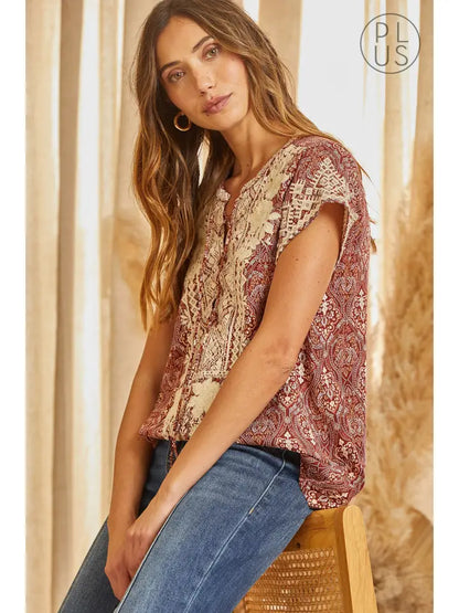 Embroidered Print Top