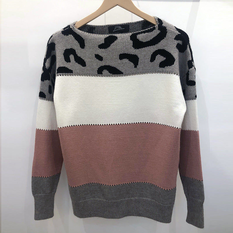 Color-Matching Leopard Print Crew Neck Sweater