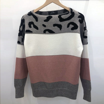 Color-Matching Leopard Print Crew Neck Sweater
