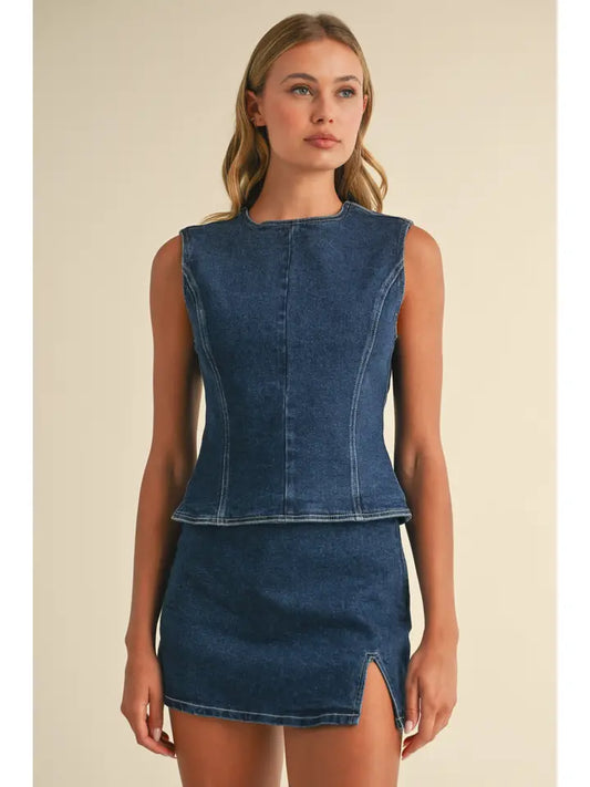 Klesis - Denim Open Back Top with Bow Detail and Mini Skirt