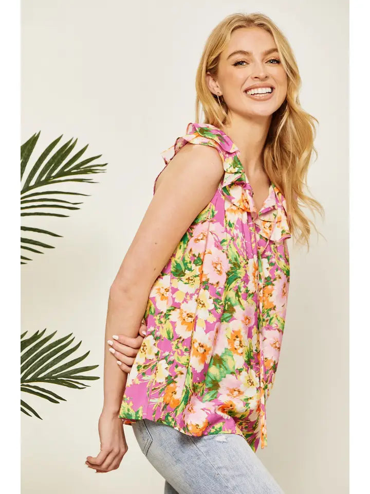 Tie Neck Flutter Sleeve Floral Top