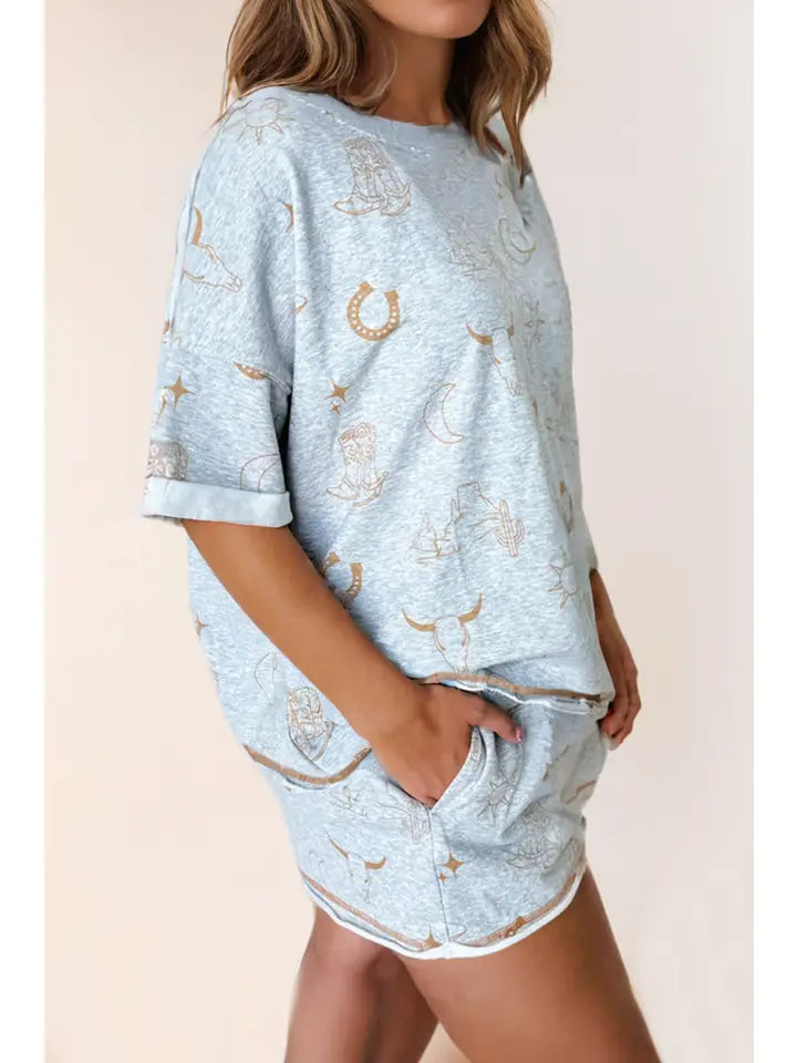 Western Fashion Printed T Shirt Elastic Waist Shorts Set