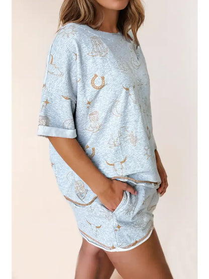 Western Fashion Printed T Shirt Elastic Waist Shorts Set