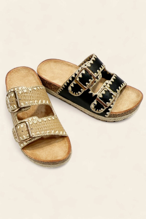 Stitched Edge Double Strap Slip-On Sandal