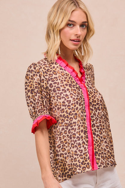 Leopard Printed Woven Contrast Edge Ruffled Blouse