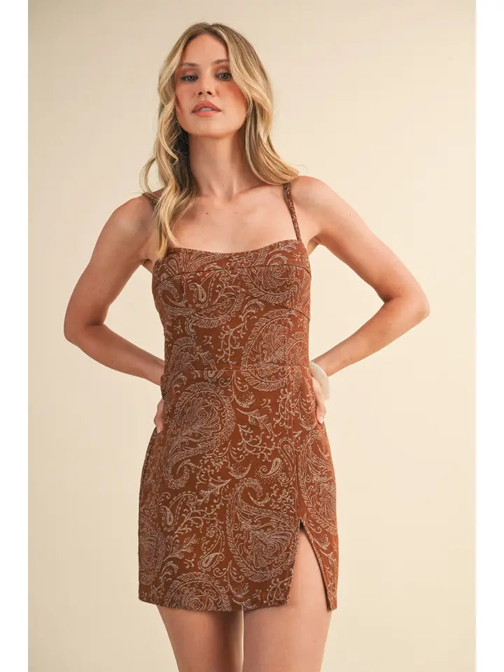 KLESIS - Paisley Printed Denim Front Slit Mini Dress