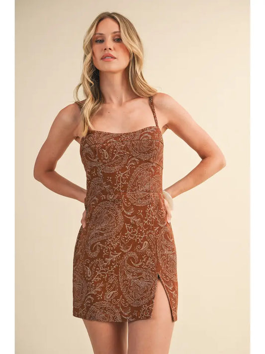 KLESIS - Paisley Printed Denim Front Slit Mini Dress