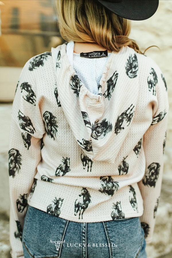 Beige Horse Printed Waffle Knit Drawstring Hoodie