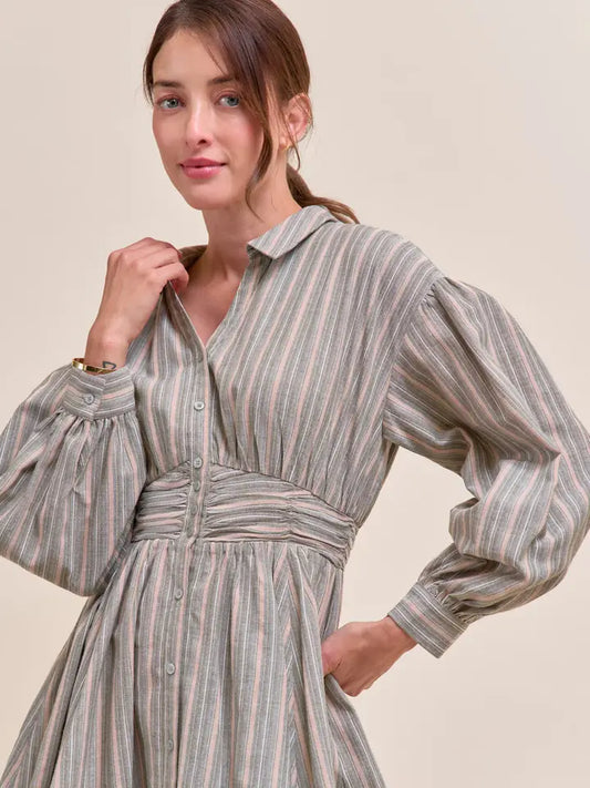&MERCI - Striped Button Down Ruched Waist Mini Dres